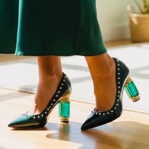 Emerald Chunky Heels w/Emerald Crystals, Gold Detailing, & Olive Rivets, EUC